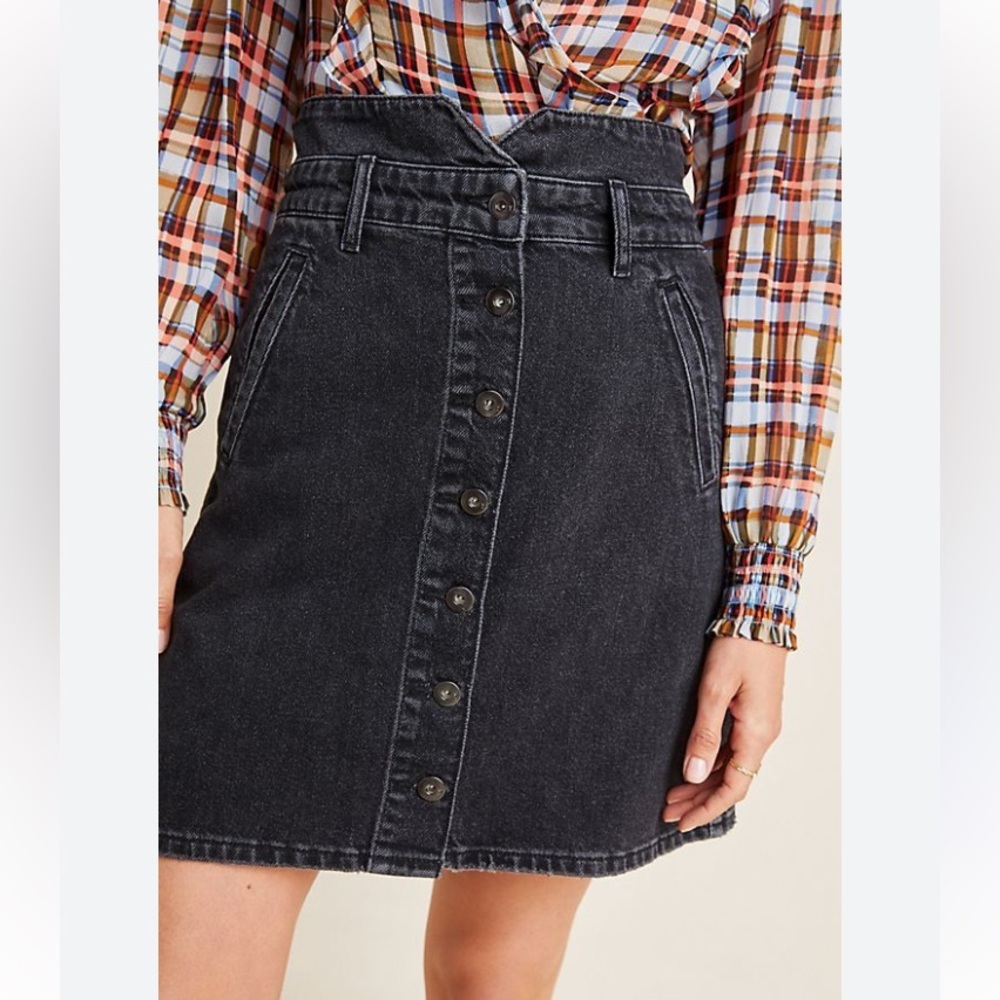 PILCRO FOR ANTHROPOLOGIE BUTTON FRONT HIGH WAISTED MINI SKIRT WASHED BLACK DENIM - Picture 8 of 14